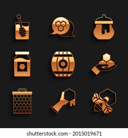 Set Wooden barrel with honey, Honeycomb and hand, Bee honeycomb, Jar of,  and dipper stick icon. Vector