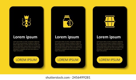 Set Wooden barrel with honey, Sale in jar of and Queen bee. Business infographic template. Vector