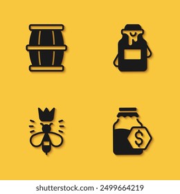 Set Wooden barrel with honey, Sale in jar of, Queen bee and Jar icon with long shadow. Vector