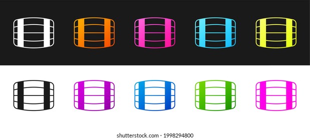 Set Wooden barrel icon isolated on black and white background. Alcohol barrel, drink container, wooden keg for beer, whiskey, wine.  Vector