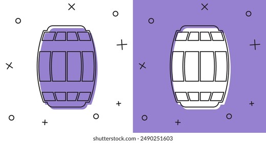 Set Wooden barrel icon isolated on white and purple background. Alcohol barrel, drink container, wooden keg for beer, whiskey, wine.  Vector