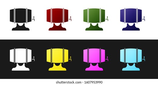 Set Wooden barrel on rack with stopcock icon isolated on black and white background.  Vector Illustration