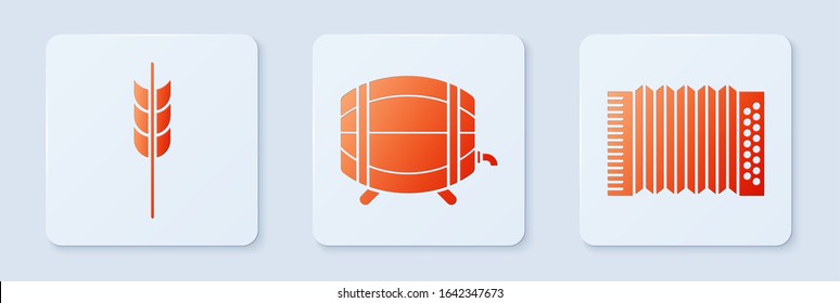 Set Wooden barrel on rack with stopcock, Cereals set with rice, wheat, corn, oats, rye, barley and Musical instrument accordion. White square button. Vector