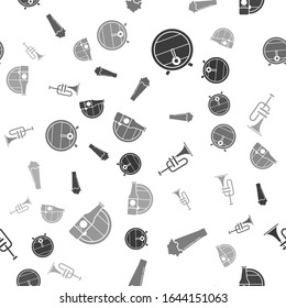 Set Wooden barrel on rack with stopcock, Glass of beer, Musical instrument trumpet and Beer bottle and wooden barrel on seamless pattern. Vector