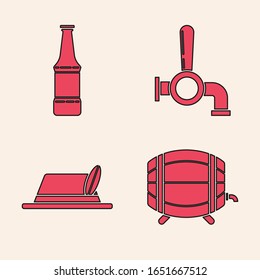 Set Wooden barrel on rack with stopcock, Beer bottle, Beer tap and Oktoberfest hat icon. Vector