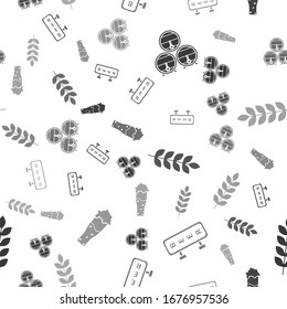 Set Wooden barrel on rack with stopcock, Street signboard with inscription Beer, Cereals set with rice, wheat, corn, oats, rye, barley and Glass of beer on seamless pattern. Vector