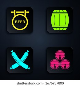 Set Wooden barrel on rack with stopcock, Street signboard with inscription Beer, Crossed sausage and Wooden barrel. Black square button. Vector