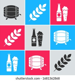 Set Wooden barrel on rack with stopcock, Cereals set with rice, wheat, corn, oats, rye, barley and Beer bottle and glass icon. Vector