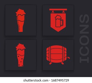 Set Wooden barrel on rack with stopcock, Glass of beer, Street signboard with glass of beer and Glass of beer icon. Vector