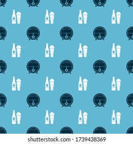 Set Wooden barrel on rack with stopcock and Beer bottle and glass on seamless pattern. Vector