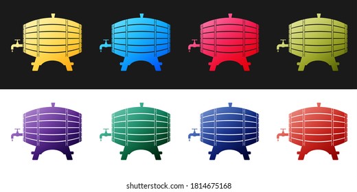 Set Wooden barrel on rack with stopcock icon isolated on black and white background. Vector.