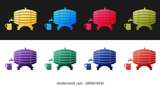 Set Wooden barrel on rack with stopcock and wooden beer mug icon isolated on black and white background. Vector.