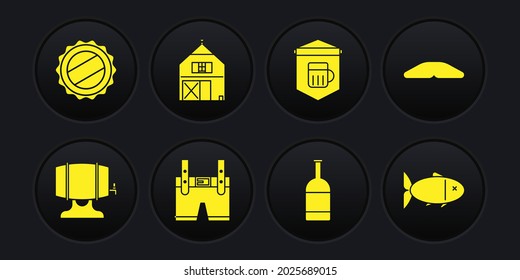 Set Wooden barrel on rack, Homemade pie, Lederhosen, Beer bottle, Signboard with glass of beer, Farm House, Fish and Bottle cap icon. Vector