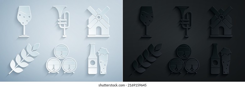 Set Wooden barrel on rack with stopcock, Windmill, Cereals set rice, wheat, corn, oats, rye, barley, Beer bottle and glass, Musical instrument trumpet and Glass of beer icon. Vector