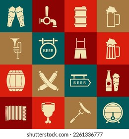 Set Wooden barrel on rack with stopcock, Beer bottle and glass, beer mug, Metal keg, Street signboard inscription, Musical instrument trumpet, Glass of and Lederhosen icon. Vector