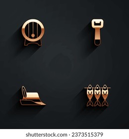 Set Wooden barrel on rack, Bottle opener, Oktoberfest hat and Dried fish icon with long shadow. Vector