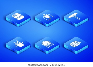 Set Wooden barrel on rack, Metal beer keg, Beer bottles in ice bucket, brewing process and Sausage the fork icon. Vector