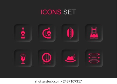 Set Wooden barrel on rack, Beer bottle and wooden, Oktoberfest hat, Lederhosen, Sausage, Hotdog sandwich and Glass of beer icon. Vector