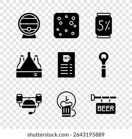 Set Wooden barrel on rack, Beer bubbles, can, helmet, Happy hour, Street signboard with, Pack of beer bottles and menu icon. Vector