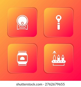 Set Wooden barrel on rack, Bottle opener, Beer can and Conveyor band, beer icon. Vector