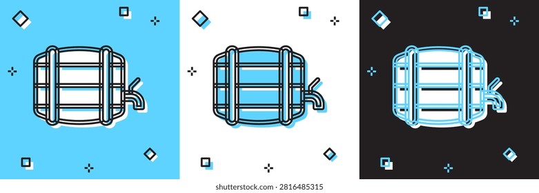 Set Wooden barrel on rack with stopcock icon isolated on blue and white, black background.  Vector
