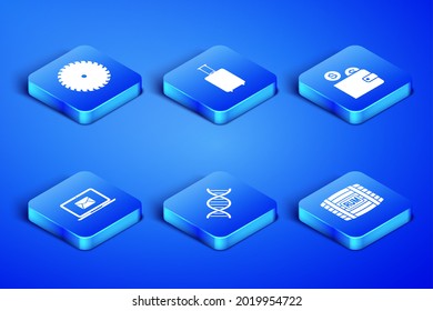 Set Wooden barrel with rum, Circular saw blade, DNA symbol, Laptop envelope, Travel suitcase and Wallet coin icon. Vector