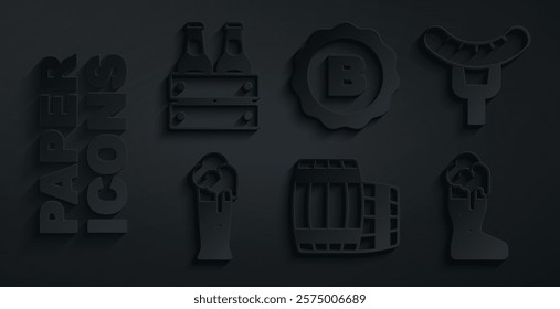 Set Wooden barrel, Sausage on the fork, Glass of beer, Boot glass, Bottle cap with and Pack bottles icon. Vector