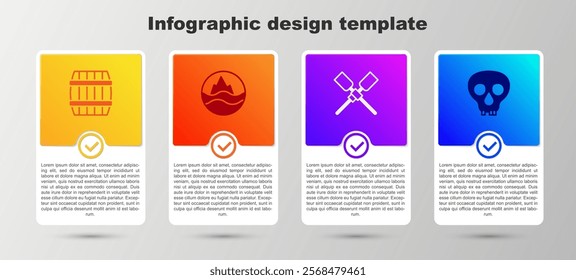 Set Wooden barrel, Sea and waves, Oars or paddles boat and Skull. Business infographic template. Vector