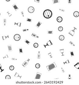 Set Wooden barrel, Shot glass, Wine and Beer bottle on seamless pattern. Vector