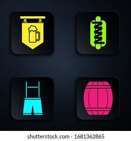 Set Wooden barrel, Street signboard with glass of beer, Lederhosen and Hotdog sandwich with mustard. Black square button. Vector