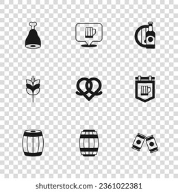 Set Wooden barrel, Street signboard with beer, Beer can, Pretzel, bottle and wooden, Chicken leg, mug and Wheat icon. Vector