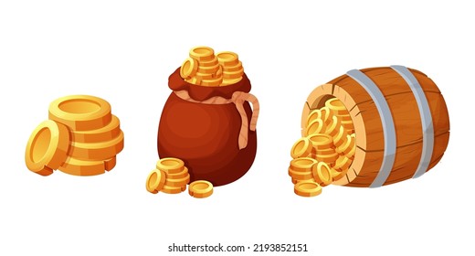 Set wooden barrel with treasure gold coins, old bag, sack in cartoon style isolated on white background. Ui game asset. Detailed, textured object. Container retro. 