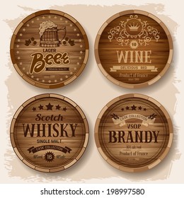 Set of wooden barrels with alcohol drinks emblems. Vector illustration 