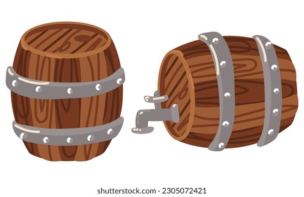 A set of wooden barrels for beer, wine, whiskey. Oak board containers with taps and stoppers brown containers for storing liquids convenient storage. Traditional storage in industry. Vector drink.