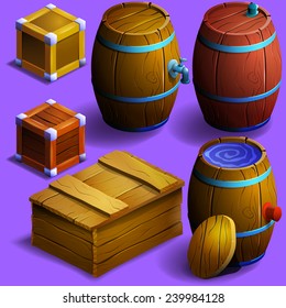 Set of wooden barrels and boxes. Vector illustration.