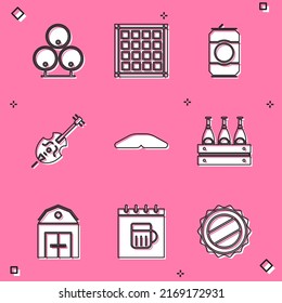 Set Wooden barrels, Checkered napkin, Beer can, Violin, Homemade pie, Pack of beer bottles, Farm House and Saint Patricks day calendar icon. Vector