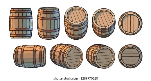 Set of wooden barrels in different positions. Front side three quarters views at different angles. Vector illustrations isolated on white background.