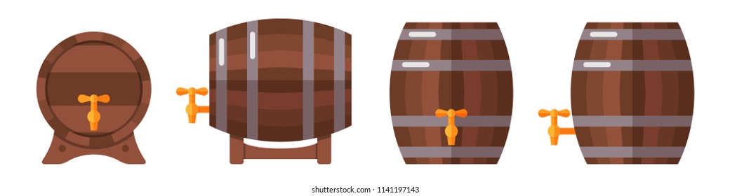 Set of wooden barrels isolated on white background. Barrels for storage of alcoholic beverages. Front and side view. Flat style vector illustration.