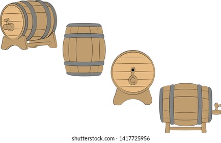 set of wooden barrels isolated on white background