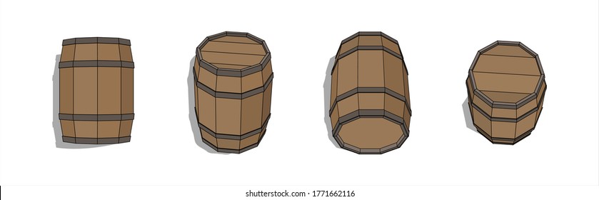 set wooden barrels of old in 3d perspectives from a different angle  positions. Front, top, side and three quarters positions view. 3D vector realistic illustration.