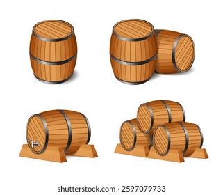 Set of wooden barrels on white background. Vector 3d illustration