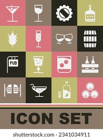 Set Wooden barrels, Pack of beer bottles, Bottle cap, Glass champagne, Hop, Martini glass and cognac or brandy icon. Vector