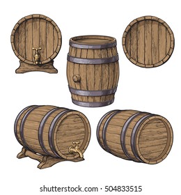 Conjunto de barriles de madera, ilustraciones vectoriales de estilo boceto aisladas en fondo blanco. Colección de vino de pie y de tumbado, ron, cerveza barriles clásicos de madera