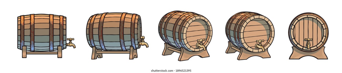 Set of wooden barrels with taps on stands in different positions. Front, side and three quarters views. Vector illustrations isolated on white background.