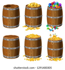 Set of wooden barrels with treasures, gold, coins, bars, precious stones, diamonds, emeralds, jewelry, empty and closed, with metal stripes, for alcohol, wine, rum, beer and other beverages, or