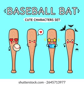 Set of wooden Baseball bats with cute kawaii faces showing different emotions, ideal for sports and entertainment projects