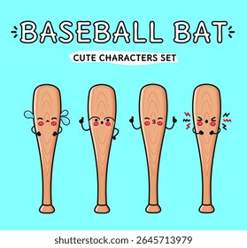 Set of wooden baseball bats with cute faces showing different emotions, perfect for sports and game projects