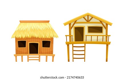 Set of wooden beach hut. Summer vacation concept cartoon vector illustration