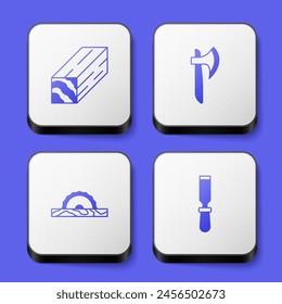 Set Wooden beam, axe, Electric circular saw and Chisel tool icon. White square button. Vector