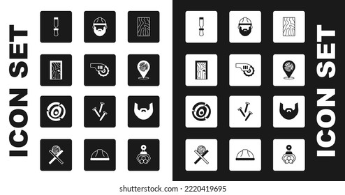Set Wooden beam, Electric circular saw, Closed door, Chisel tool, logs, Lumberjack, Mustache and beard and  icon. Vector